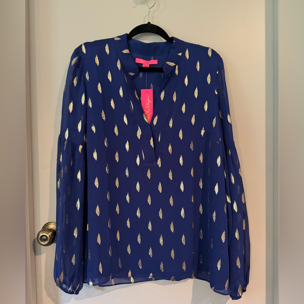 Lilly Pulitzer NWT Shea Silk Top in Lapis Lanai diamond metallic clip Sz XL - Picture 5 of 7